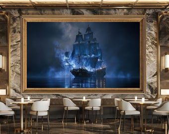 Ghost Ship at Sea Fantasy Canvas Wall Art Mysterious Blue Sailing Ship Print Gothic Nautical Night Decor for Living Room or Office