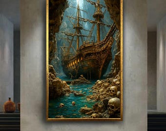 Haunted Pirate Ship Wall Art – Ghostly Galleon in Skull Cave – Dark Fantasy Ocean Adventure Canvas Print for Gothic Decor