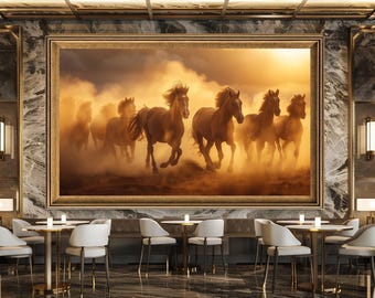 Running Horses Wall Art Print, Wild Horse Sunset Canvas Art, Western Nature Scene Artwork for Rustic or Boho Home Decor