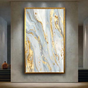 Abstract Blue White and Gold Marble Canvas Wall Art with Fluid Painting Texture, Modern Luxury Minimalist Home Decoration