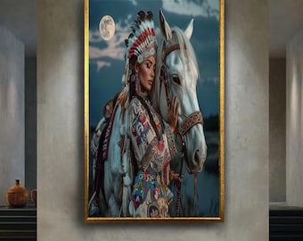 Sacred Woman with White Horse Wall Art Native Spirit Canvas Print Full Moon Tribal Poster for Boho or Spiritual Home Decor Gift