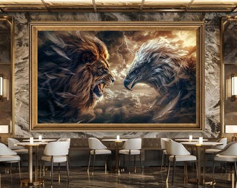 Lion vs Eagle Wall Art Epic Animal Clash  Canvas  Fantasy Battle Print Power Symbol Decor Mythical Artwork