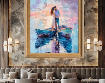 Romantic Couple Kissing on Boats Wall Art with Pastel Brush Strokes, Impressionist Love Scene Canvas Print for Anniversary or Bedroom Decor