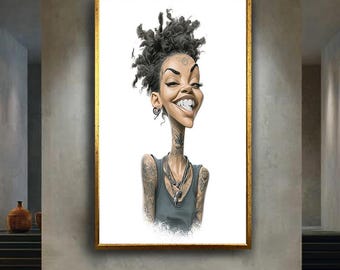 Smiling Tattooed Woman Caricature Canvas Wall Art – Fun and Modern Digital Portrait Illustration for Unique Home Decor