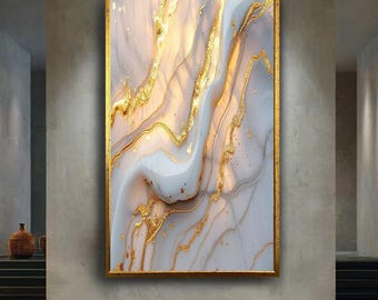 Abstract Gold and White Marble Canvas Wall Art with Fluid Print, Modern Luxury Minimalist Home Decor Accent Piece