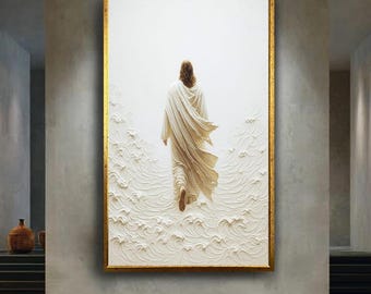 Canvas Wall Art Depicting Jesus Walking on Water, White, Spiritual Christian Print, Religious Art, for Home or Prayer Room Decor
