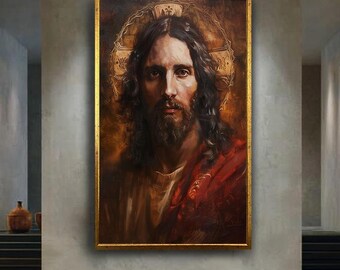Classic Jesus Christ Portrait Canvas Wall Art, Traditional Christian Religious Artwork for Home Decor, Spiritual Faith Gift with Halo