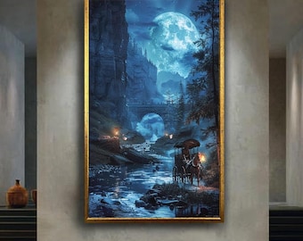 Moonlit Horse Carriage Canvas Wall Art – Magical Night River Scene with Full Moon, Stone Bridge, and Lantern Lights