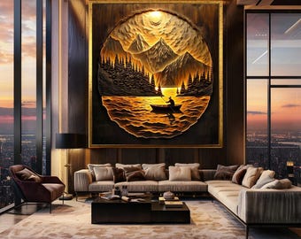 Golden Canoe Lake Canvas Wall Art – Circular Landscape with Glowing Mountains, Trees, and Sunset Over Water in Carved Style