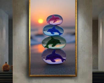 Colorful Dolphin Stacked Stones Canvas Wall Art with Sunset Beach Vibes – Playful Ocean Print for Coastal, Kids or Summer Room Decor