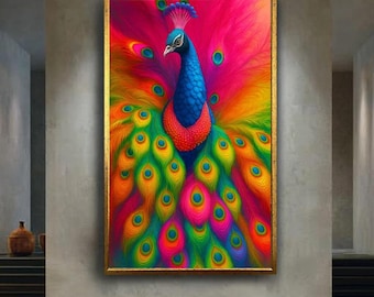Vibrant Peacock Canvas Wall Art with Color Explosion Feathers – Bold Rainbow Bird Print for Boho, Creative or Modern Room Decor