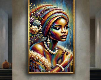 Colorful African woman canvas wall art print, ethnic textured portrait with pearls and flowers, afrocentric artwork for modern home decor