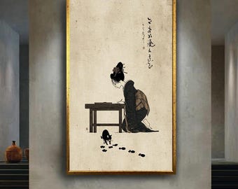 Traditional Japanese Geisha Art Print – Minimalist Vintage Style Canvas with Cat – Wabi Sabi Zen Poster – Asian Ink Drawing Decor