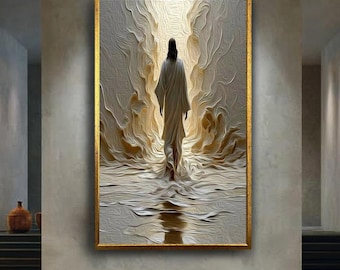 Jesus walking through heavenly light abstract digital art, spiritual religious canvas print for Christian wall decor gift idea