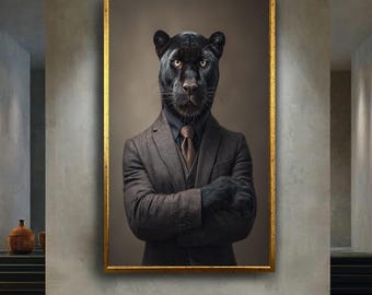 Black Panther Gentleman Canvas Wall Art – Elegant Animal Portrait in Suit – Anthropomorphic Modern Print for Bold and Unique Home Decor