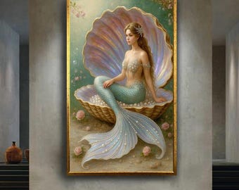 Elegant Mermaid In Shell With Pearls Digital Fantasy Art Print Ocean Princess Wall Decor Underwater Fairytale Room Poster For Girls