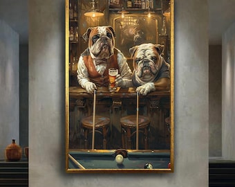 Funny Bulldog Bar Wall Art with Beer and Pool Table Anthropomorphic Dog Illustration Vintage Pub Game Room Decor