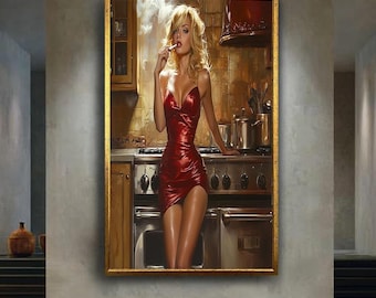Seductive Blonde Woman in Short Red Dress Smoking in Kitchen Canvas Wall Art for Glamorous Bedroom or Retro Erotic Home Decor