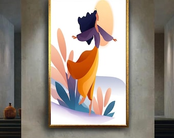 Colorful Joyful Woman Wall Art Print, Modern Minimalist Feminine Poster with Nature Elements for Bright Home Decor and Gifts