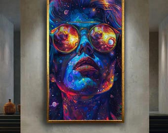 Galaxy Woman Canvas Wall Art with Fiery Space Reflections and Psychedelic Colors – Cosmic Portrait Print for Visionary Room Decor