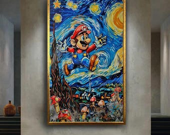 Whimsical Mario Wall Art in Starry Night Style Colorful Video Game Character Print Pop Culture Artwork Gamer Room Decor