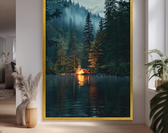 Misty Forest Camping Wall Art Tent and Campfire by Lake Landscape Print Mountain Nature Photography Home Decor Canvas Download