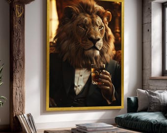 Dapper Lion Wall Art in Tuxedo Holding Whiskey Glass, Regal Animal Portrait with Classy Vibe for Luxurious Office or Bar Decor