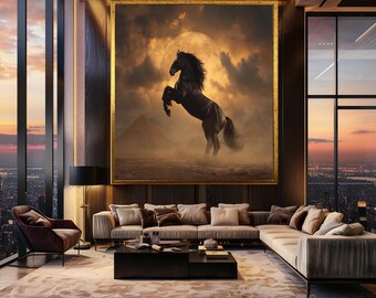 Black Horse Canvas Wall Art Majestic Stallion Rearing Under Full Moon with Pyramids Fantasy Desert Scene Powerful Animal Print