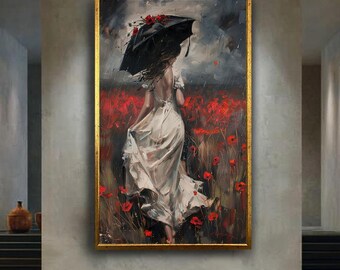 Romantic Woman in White Dress with Umbrella Canvas Print, Poppy Field Digital Art with Oil Painting Effect for Elegant Home Wall Decor