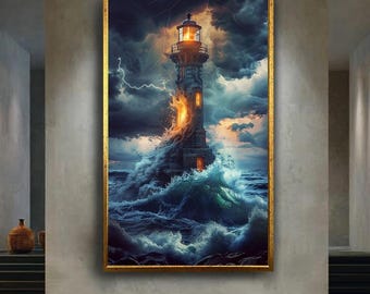 Epic Lighthouse Storm Wall Art Ocean Canvas Print Lightning Sea Poster for Nautical Home Decor or Dramatic Coastal Gift Idea