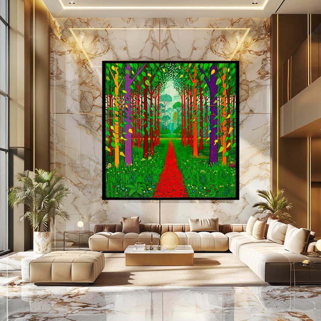 Whimsical Forest Path Canvas Print, David Hockney Style Wall Art