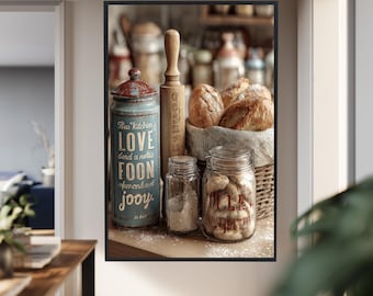 Rustic Farmhouse Kitchen Decor Set with Vintage Canisters, Wooden Rolling Pin and Bread Basket for Cozy Country Style Homes