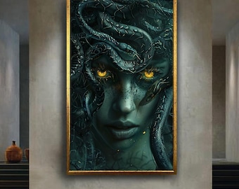 Medusa Dark Myth Canvas Wall Art – Snake-Haired Goddess Portrait with Glowing Golden Eyes – Gothic Fantasy Greek Decor Print