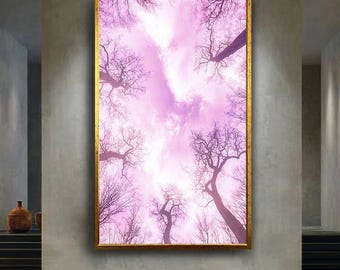 Surreal Pink Sky Forest Wall Art with Bare Trees Dreamy Nature Photography Print Magical Landscape Home Decor