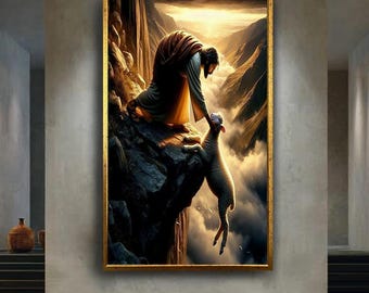 Jesus Saving Lost Lamb Wall Art Print | Spiritual Christian Rescue Canvas | Powerful Religious Artwork of Mercy and Redemption for Home