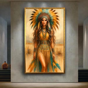 Impresión artística de pared de mujer guerrera tribal nativa / Lienzo estilo bohemio con tocado de plumas / Decoración poderosa de inspiración indígena para interiores modernos