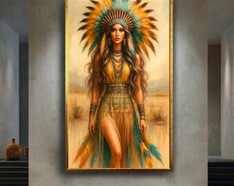Native Tribal Warrior Woman Wall Art Print | Feather Headdress Boho Style Canvas | Powerful Indigenous Inspired Decor for Modern Interiors