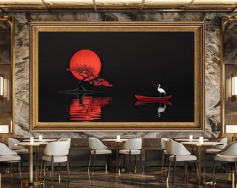 Japanese Minimalist Red Moon Wall Art, Zen Tree and Crane Canvas Print, Oriental Nature Poster for Calm and Modern Decor