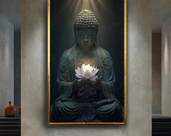 Buddha lotus flower canvas print, spiritual meditation wall art, zen enlightenment decor, sacred energy artwork for yoga space