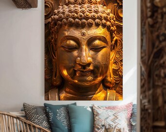 Ancient Golden Buddha Canvas Wall Art – Spiritual Zen Decor for Meditation Room, Yoga Space or Home Interior with Sacred Asian Symb
