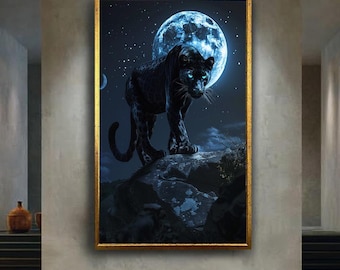 Moonlight Black Panther Canvas Wall Art – Mysterious Wild Cat with Blue Eyes, Night Jungle Animal Print, Exotic Wildlife Home Decor