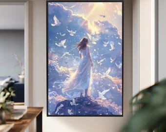 Ethereal Angel Woman Canvas Art, Dove Sky Wall Art, Spiritual Fantasy Artwork, Dreamy Light Heaven Print