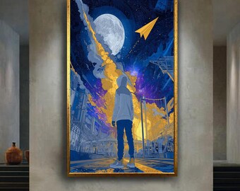 Surreal Moon Wall Art Print, Blue Yellow Sci Fi Urban Dreamscape Poster, Paper Plane Street Art Canvas, Futuristic Boy Illustration