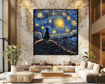Starry Night Cat Wall Art Inspired by Van Gogh, Whimsical Black Cat Under Starry Sky Canvas Print for Dreamy Artistic Home Decor