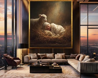 Newborn Baby and Lamb Canvas Wall Art in Soft Light – Peaceful Nativity Scene Print for Nursery and Christian Home Decor