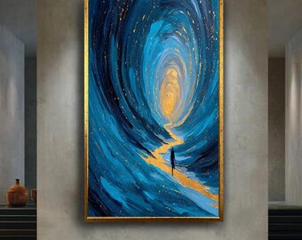 blue abstract tunnel print with golden path silhouette figure palette knife art modern canvas wall decor