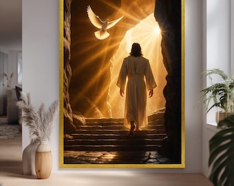 Christian Resurrection Wall Art Jesus Leaving Tomb Light and Dove Religious Poster Faith Based Spiritual Print Canvas  Download