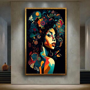 Afro Woman Pop Art Canvas Portrait Colorful Retro Style Abstract Female Wall Print For Studio Room Or Bold Home Decor