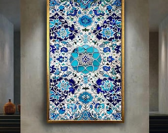 Ottoman Iznik Floral Tile Canvas Art, Traditional Islamic Pattern Wall Decor, Turkish Blue Ceramic Print for Prayer Room or Home