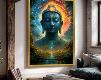 Cosmic Buddha Enlightenment Canvas Wall Art – Spiritual Energy Artwork with Glowing Aura and Sacred Geometry for Zen Decor